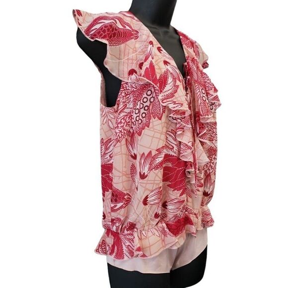 Guess Ruffle Lace Up Blouse Bodysuit Women's MEDIUM Pink White Floral V-Neck NEW - Picture 2 of 11